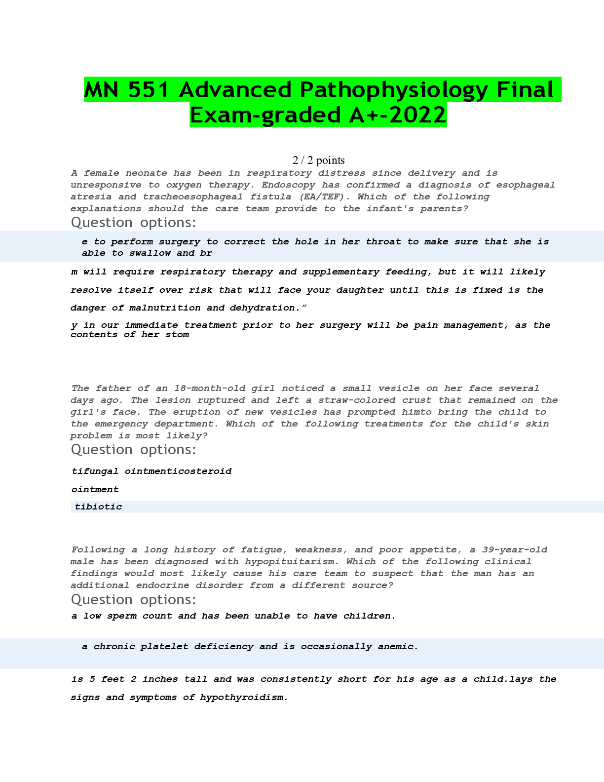 Preview of MN 551 Advanced Pathophysiology Final Exam-graded A+-2022